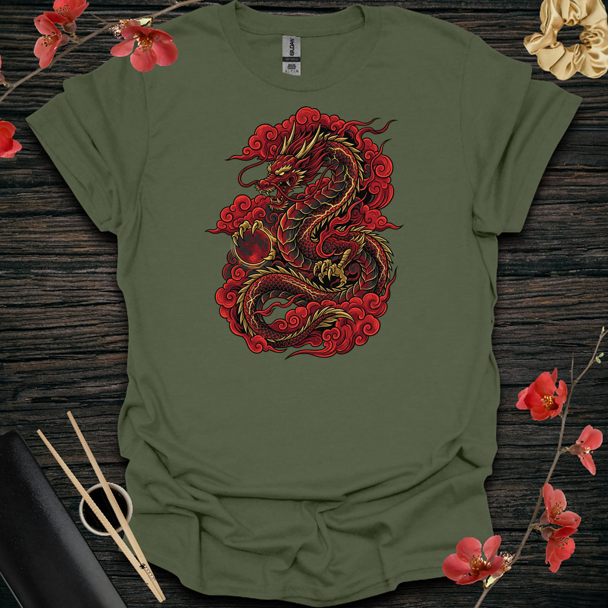 Red Storm Dragon T-Shirt - Military Green